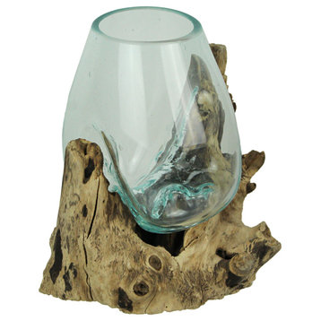 Glass On Teak Driftwood Hand Sculpted Molten Bowl/Plant Terrarium