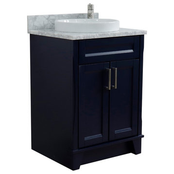 25" Single Sink Vanity, Blue Finish With White Carrara Marble And Round Sink