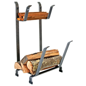 Handcrafted Fireplace Log Rack wKindling Holder Hammered Steel