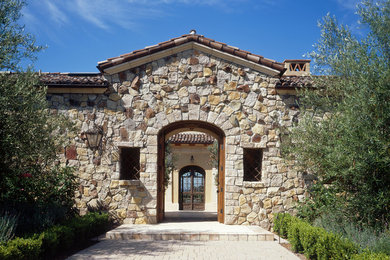 Inspiration for a mediterranean front door in San Diego with a double front door.