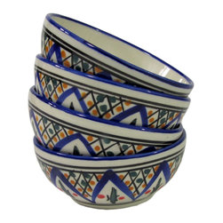 Le Souk Ceramique - Stoneware Deep Sauce/Ice Cream Bowls, Set of 4, Tabarka Design - Dining Bowls