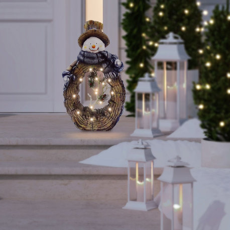21"H Indoor/Outdoor Snowman Statue with Carved Wood Look and LED Lights