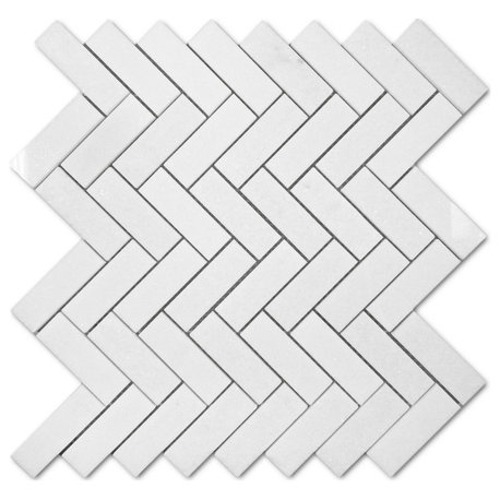 Thassos White Marble 1x3 Herringbone Mosaic Wall Floor Tile Polished, 1 sheet