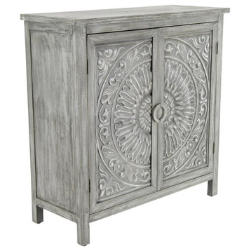 Farmhouse Storage Cabinet, Unique Mandala Like Carved Doors, Distressed Gray