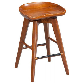 Contoured Seat Wooden Swivel Counter Stool With Angled Legs, Walnut Brown