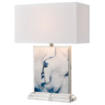 Elk Home - Belhaven Table Lamp - A clear, crystal base and edging display a marbled, blue and white acrylic slab to form the Belhaven Table Lamp. The fresh color palette is ideal for a costal style living room or bedroom, keeping the look current and adding a pop of color. This design features a rectangular, hard back shade in crisp, white linen fabric and a convenient three way switch.