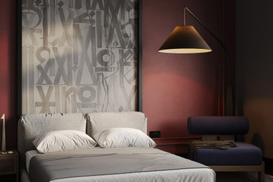 This is an example of a large world-inspired bedroom in London with red walls, carpet and a feature wall.
