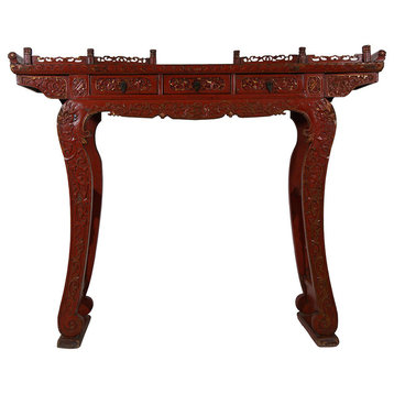 Consigned Antique Chinese Carved Red Lacquered Altar Table or Consol
