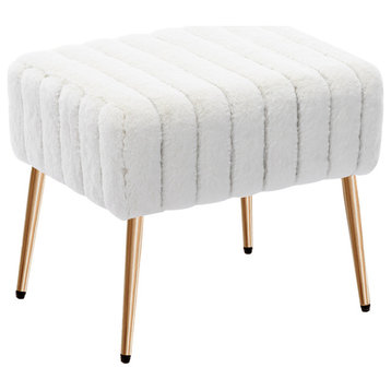 Channel Quilting Faux Fur Vanity Stool, White