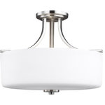 Generation Lighting - Canfield 3-Light Ceiling Light in Brushed Nickel - Behind every seemingly simple design lies unerring attention to restraint and obsessive attention to the tiniest details. The Canfield collection by Sea Gull Lighting draws on the modernist traditions of "less is more". Essential functional elements dictate the aesthetics, and clean lines prevail. Layers of intricately finished hand-brushed steel progress vertically to the soft glow of light diffused through finely etched glass diffusors. Canfield offers a "whole home" lighting solution; offering lighting in every imaginable category from the auspicious 15 light 3-tier chandelier, to the concise mini-pendant and one-light sconces. The collection is available in hand brushed Burnt Sienna for a warm, tactile, almost Craftsman design style, or a brushed nickel to emphasize the more architectural elements of your interior.  This light requires 3 , 100W Watt Bulbs (Not Included) UL Certified.