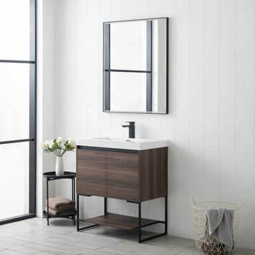 Freestanding Bathroom Vanity Set with Open Shelf & Acrylic Sink, Walnut, 30"