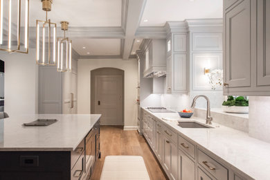 Example of a huge transitional single-wall open concept kitchen design in Nashville with beaded inset cabinets, gray cabinets, quartz countertops, gray backsplash, an island and gray countertops