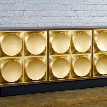 Walnut and Gold Credenza. Modern Credenza, Mid Century Style. Regency, TV Stand