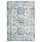 Jaipur Living - Vibe by Jaipur Living Nyria Medallion Blue/ Light Gray Area Rug 5'3"X7'6" - Rich with detail and saturated color, the Kalesi collection makes a statement with updated traditional flair. The Nyria rug showcases three mini cotan medallions in a vibrant blue and light gray colorway that also features hints of yellow, green, navy, charcoal and purple. Crafted of durable polyester, the incredibly high-resolution digital printing gives the impression of a hand-knot quality at an accessible price. This low-profile accent piece can stand up to high traffic areas of the home such as the kitchen, living room, entryways, and halls.