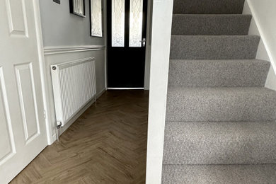 This is an example of a small modern carpeted straight wood railing staircase in West Midlands with carpeted risers.