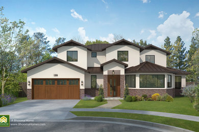 Huge transitional brown two-story brick exterior home photo in San Francisco with a metal roof and a brown roof
