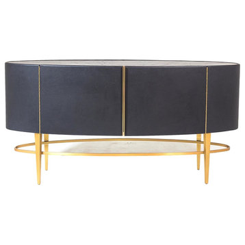 Luxe Modern Oval Black Leather Wood Buffet Cabinet, Sideboard Gold Table Chest