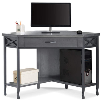 Contemporary Corner Desk, Open Shelf & Drawer With Drop Front Lid, Smoke Grey