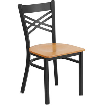 HERCULES Series Black ''X'' Back Metal Restaurant Chair, Natural Wood Seat