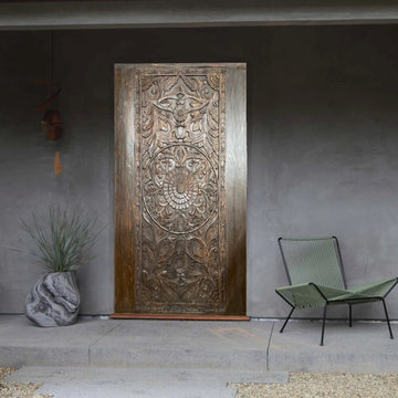 Rustic Modern Coastal: Carved Doors in Raw Woods with a Pop of Color