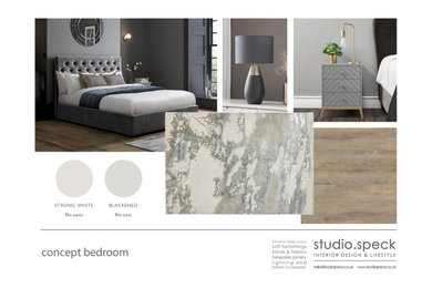 Inspiration for a small contemporary master bedroom in Cardiff with grey walls, vinyl flooring and brown floors.