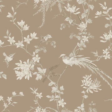KT2172 Bird And Blossom Chinoserie Glint Brown Botanical Non Woven Wallpaper