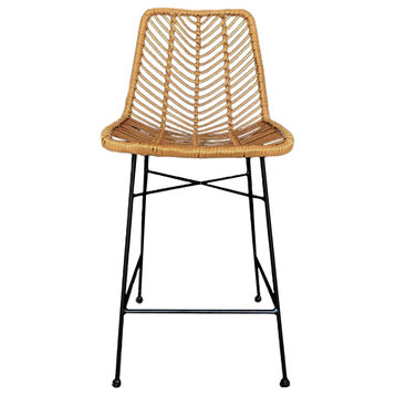 Indoor/Outdoor Barstool - 40.5" Rattan Wicker High Back Chair - Black Metal Legs