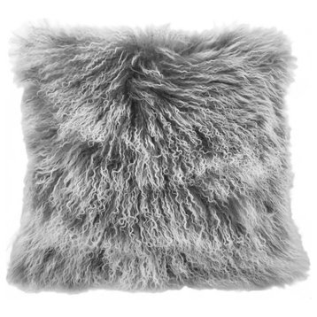 24" Gray Genuine Tibetan Lamb Fur Pillow With Microsuede Backing