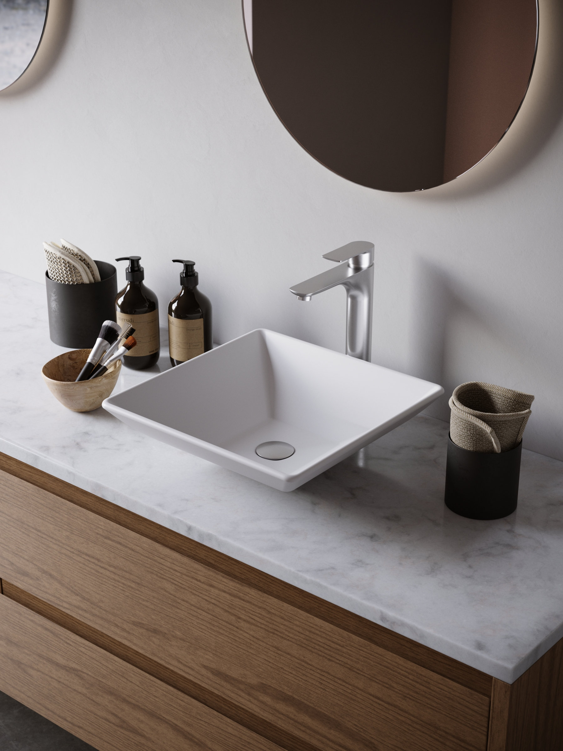 Karran White Acrylic 16" Square Vessel Sink With Faucet Kit, Stainless Steel