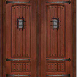 Prehung Speakeasy Home Double Door 96 Fiberglass2 Panel V-Grooved Solid - Front Doors