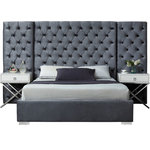Meridian Furniture - Grande Velvet Bed, Gray, Queen - Rejuvenate your bedroom space with this Grande Grey Velvet Queen Bed. Svelte velvet covers each inch of this magnificently styled bed, lending it a bit of softness and glamour. The bold headboard is heavily button tufted for a regal and sophisticated look, and it's padded, so you can rest your back against it while you read or watch TV. The full-framed base is modish and sleek and provides sturdy support for the mattress of your choice.