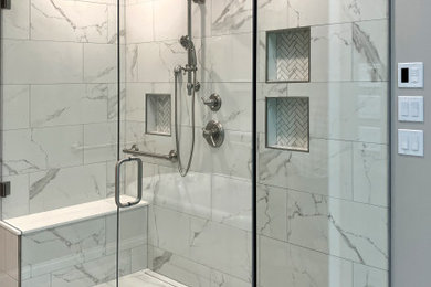 Inspiration for a huge transitional master multicolored tile and ceramic tile ceramic tile, multicolored floor and single-sink bathroom remodel in Other with furniture-like cabinets, white cabinets, a bidet, gray walls, an undermount sink, quartz countertops, a hinged shower door, white countertops and a freestanding vanity