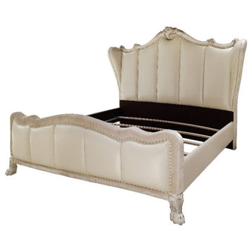 ACME Dresden Faux Leather Channel Tufted California King Bed in Bone White