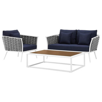 Contemporary Patio Set, Wicker Covered Frame & Padded Seat, Navy/White