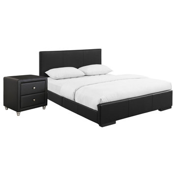 Black Upholstered Queen Platform Bed With Nightstand