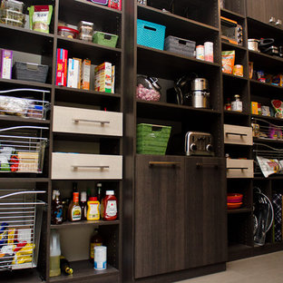 Large modern kitchen pantry designs - Large minimalist single-wall ceramic floor kitchen pantry photo in Indianapolis with open cabinets and dark wood cabinets