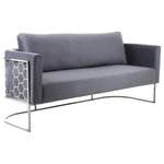 Meridian Furniture - Casa Velvet Upholstered Sofa, Grey, Chrome Finish - Bring modernity to the forefront with the addition of this Casa velvet chair. Destined to become the most-talked-about addition to your room, this eye-grabbing sofa is an attention-getter from all angles. Its soft grey velvet upholstery is touchably soft and feels great against the skin, and its chrome iron metal frame featuring a honeycomb pattern lends the chair an up-to-the-minute feel. Pair it with other items in the Casa collection for a streamlined look.
