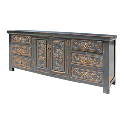 Chinese Distressed Brown Floral Motif Sideboard Console Table Cabinet - Console Tables