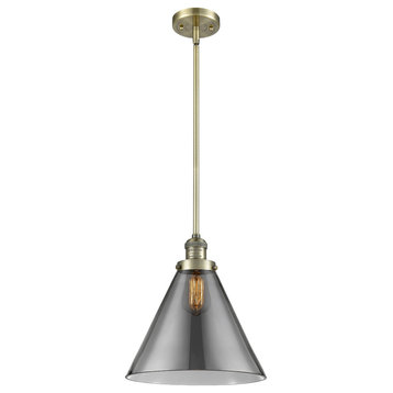 X-Large Cone 1-Light LED Pendant, Antique Brass, Glass: Smoked