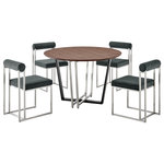 Armen Living - Joana Anastasia Brushed Steel & Charcoal Fabric Walnut Dining Table 5-Piece Set - Make a modern and sophisticated statement with our Joana Anastasia 5 Piece Dining Set by Armen Living. This set includes 1 Joana Round Walnut Dining Table with a mixed metal base and 4 Anastasia Dining Chairs in Fabric and Metal. The crisp lines and a compelling blend of materials and finishes bring eye-catching charm and elegance to this dining set. The round tabletop features a classic walnut veneer to showcase the rich finish and natural textures of the wood. The 48" round tabletop rests upon a clean-line, geometric base to offer a sleek and modern design. Our dining table can serve as a stunning companion to the striking and stylish Anastasia dining chairs. A cylindrical cushion is beautifully balanced upon its airy frame to offer comfortable back support. Its cushioned backrest and padded seat showcase a neat channeling detail that provides texture for a chic and inviting look. The Anastasia chair is upholstered in performance fabric to offer easy care and maintenance. Altogether this dining set serves as a fashionable and versatile fit to your kitchen, dining, or living space. This dining set features high-quality materials and craftsmanship to create a sturdy foundation for dinners, conversations, and activities. The Joana Anastasia 5 Piece Round Walnut Dining Table Set is available in matching finishes and a variety of colors, or sold separately to achieve any look you desire.