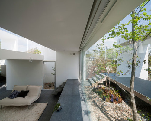 他の地域のコンテンポラリーなリビング・居間の写真 (白い壁)