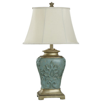 Magonia Table Lamp-Antique Ocean Blue/Champagne,Off-White Tapered Oval Softback