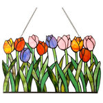 CHLOE Lighting - Tulipa Tiffany-Glass Tulips Window Panel - Hand crafted glass window panel featuring colorful flowers.  These Flowers are designed with intricate cut glass and touches of color.  This glass piece is adorned with a metal frame coated in a vintage patina with designed anchors.  Wonderful addition to any window.  Only top quality materials used in this piece.