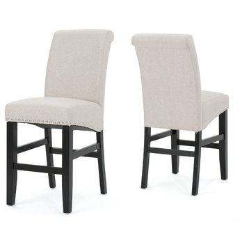 Perrin Contemporary Upholstered Counter Stools with Nailhead Trim (Set of 2), Wheat/Matte Black, Fabric