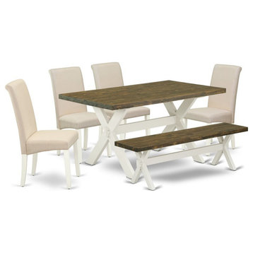East West Furniture X-Style 6-piece Wood Dining Table Set in Linen White/Cream