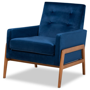 Perris Mid-Century Navy Blue Velvet Upholstered Brown Finished Wood Lounge Chair