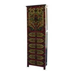 Chinese Tibetan Flower Graphic Tall Slim Multi Drawers Cabinet - Accent Chests And Cabinets