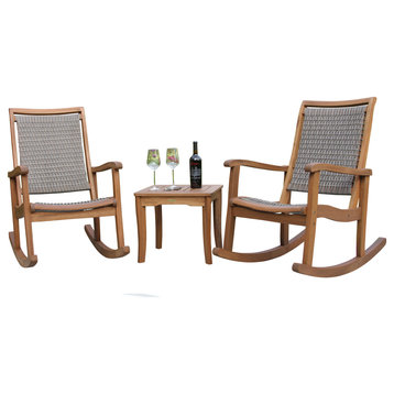 3-Piece Eucalyptus/Driftwood Gray Wicker Rocking Chair Set, Square Table
