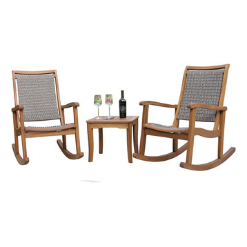 3-Piece Eucalyptus/Driftwood Gray Wicker Rocking Chair Set, Square Table