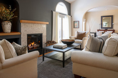 Example of a transitional living room design in Denver